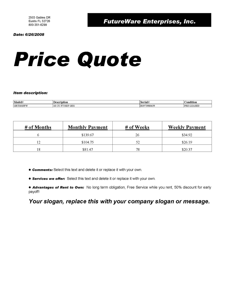 Sample Price Quote