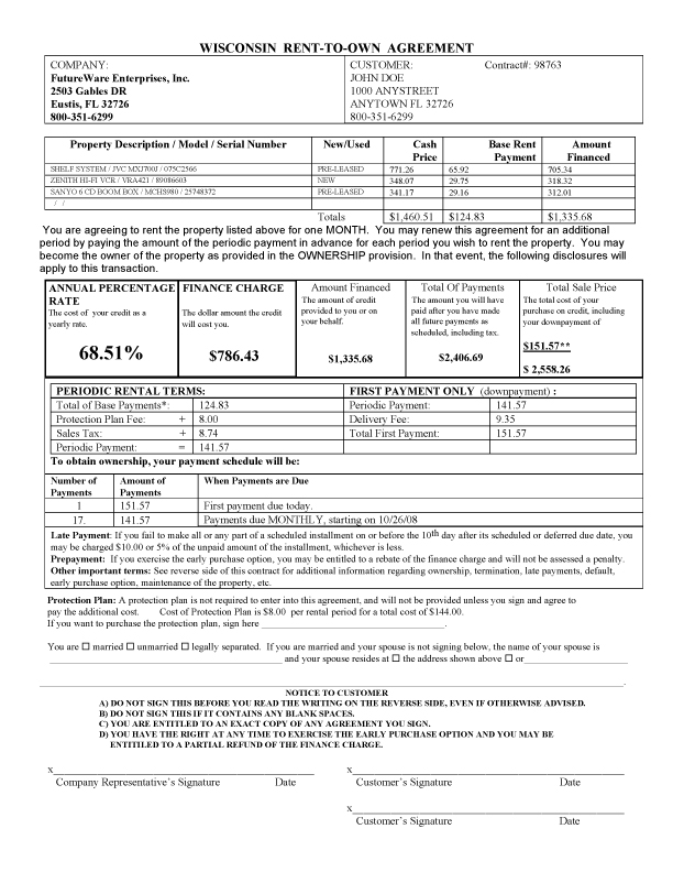 Sample Wisconsin Rental Purchase Agreement
