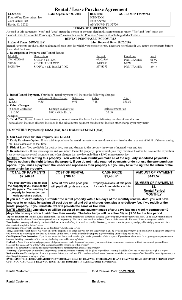 Sample California Rental Purchase Agreement