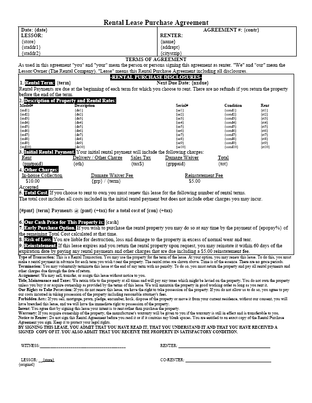Sample Rental Purchase Agreement