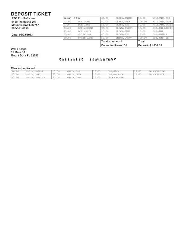 Sample Bank Deposit Slip
